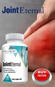 Smiling woman holding Joint Eternal supplement bottle in a natural outdoor garden setting.